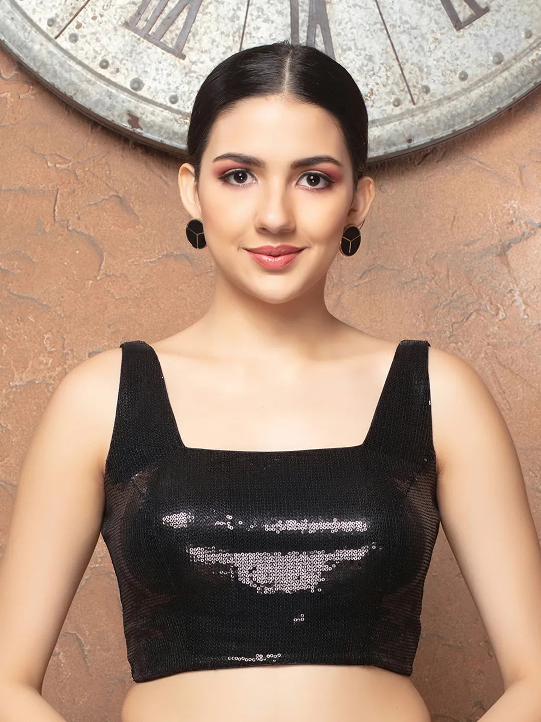 Black Sequence Square Neck Sleeveless Readymade Blouse