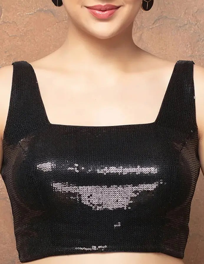 Black Sequence Square Neck Sleeveless Readymade Blouse