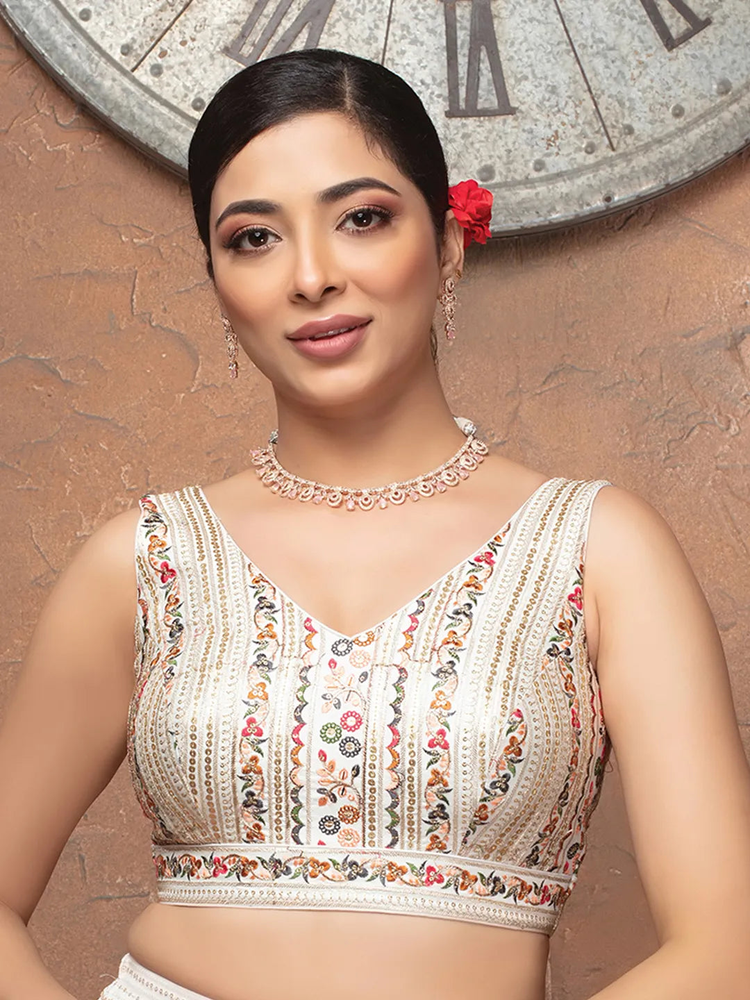 V Neck White Silk Sleeveless Readymade Blouse