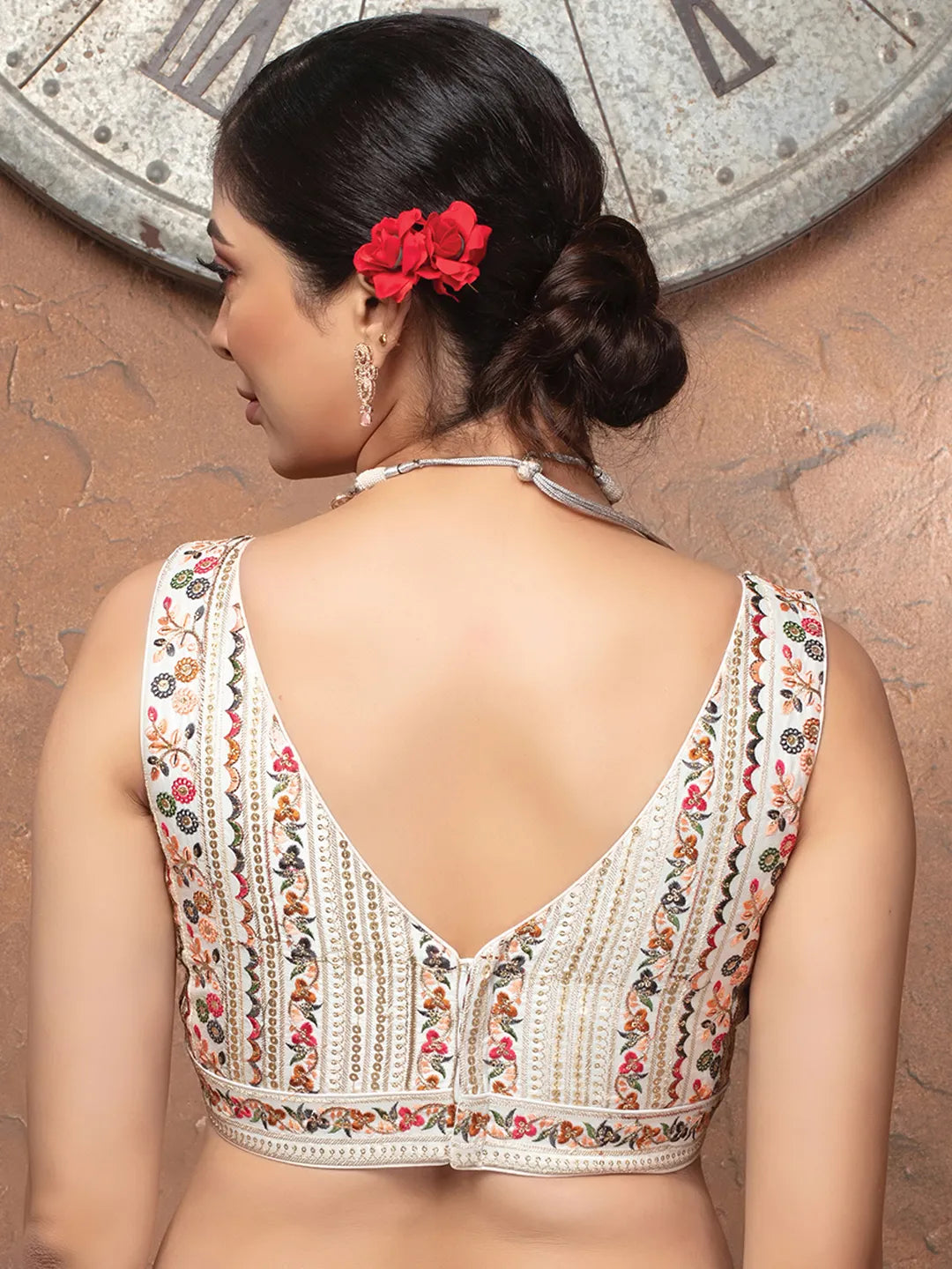 V Neck White Silk Sleeveless Readymade Blouse