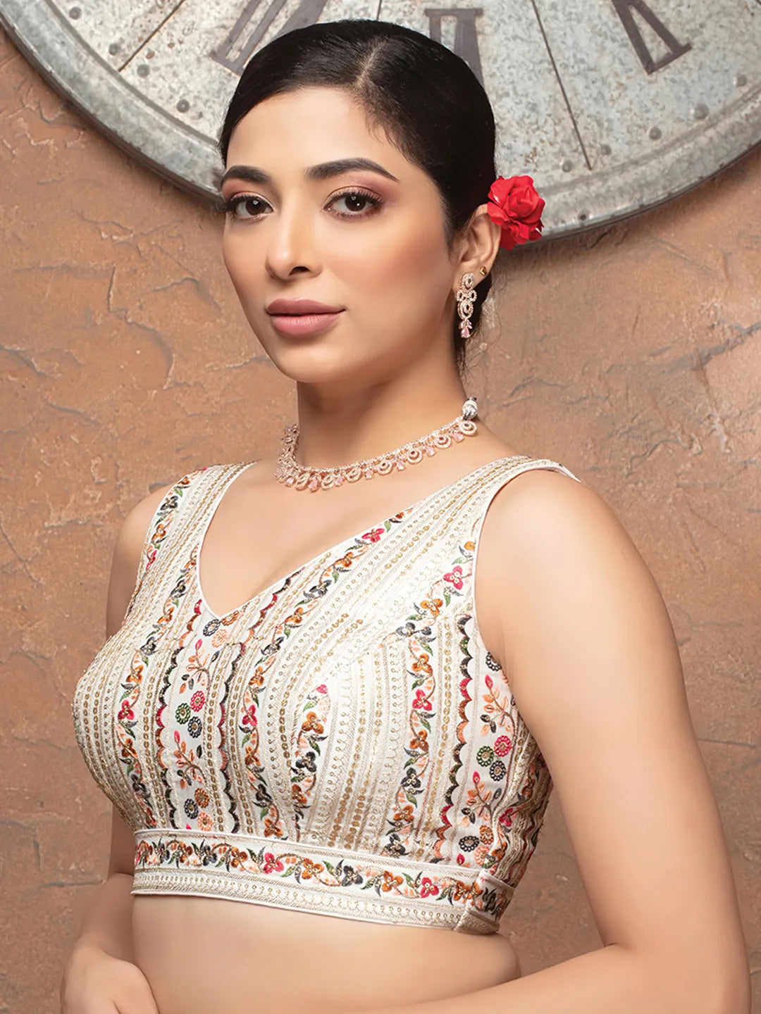 V Neck White Silk Sleeveless Readymade Blouse