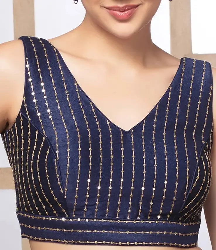 Navy Blue Silk V Neck Sleeveless Readymade Blouse