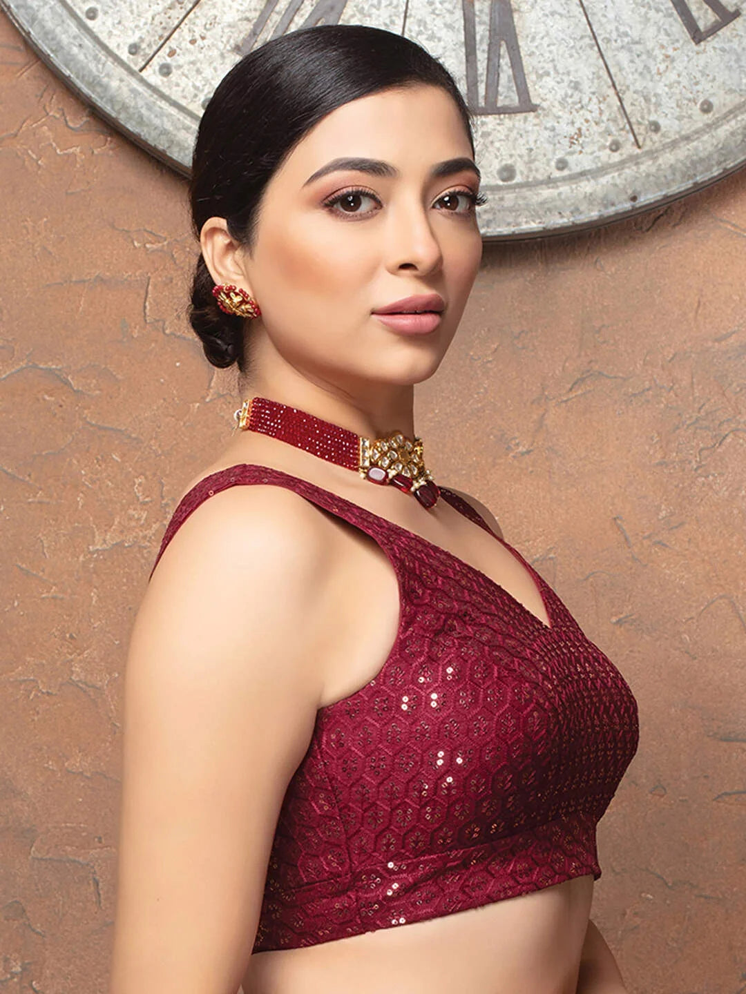 Maroon Sequence Embellished V Neck Sleeveless Readymade Blouse