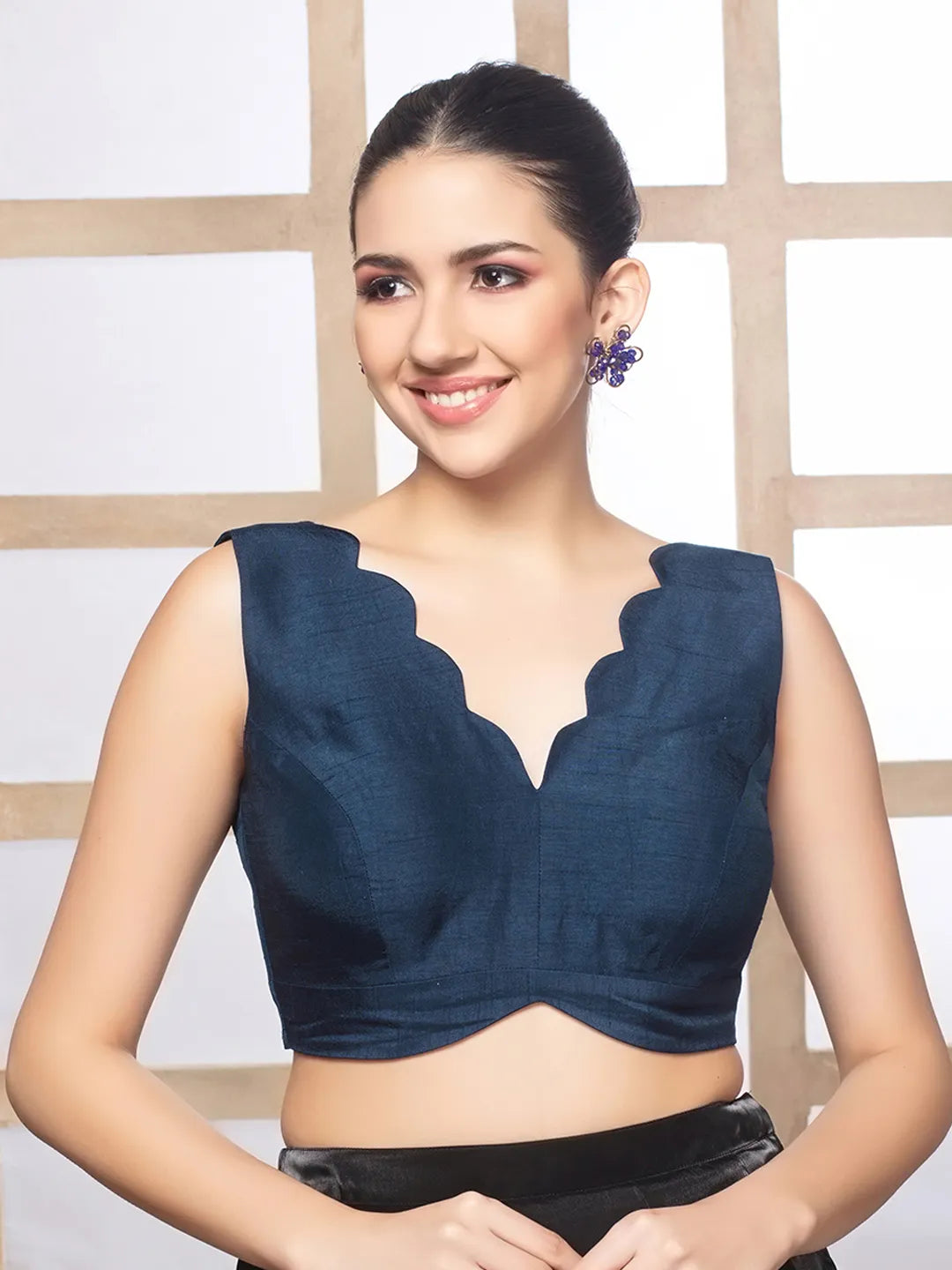 Navy Blue Silk Deep Neck Sleeveless Readymade Blouse