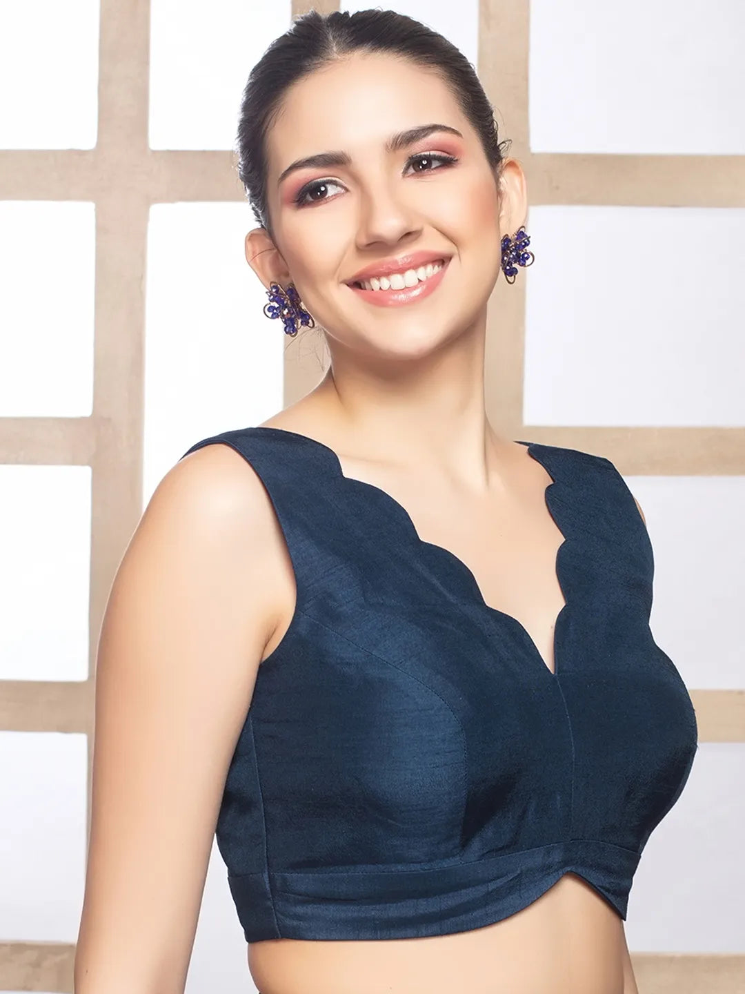 Navy Blue Silk Deep Neck Sleeveless Readymade Blouse