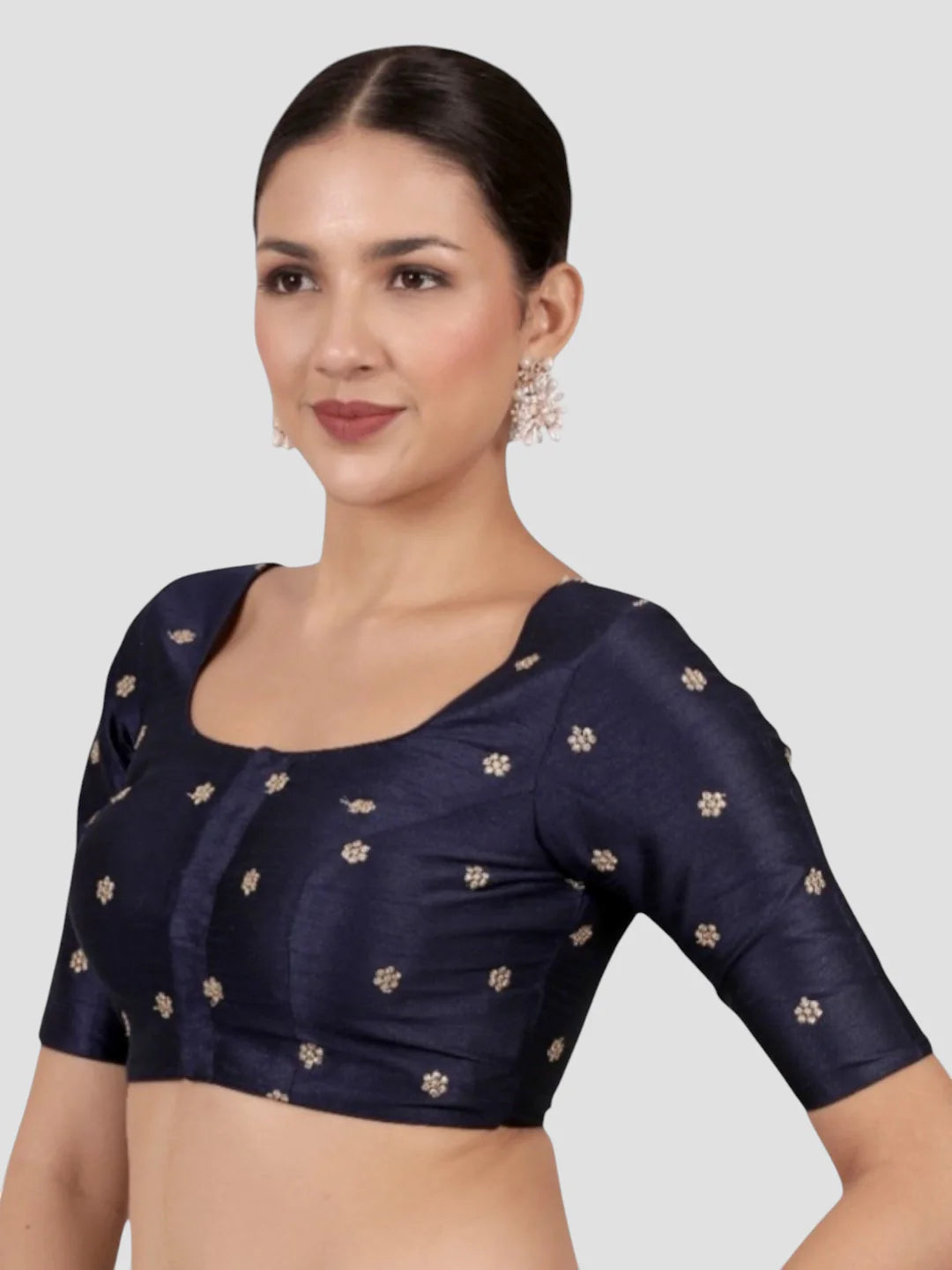 Navy Blue Kora Silk Golden Zari Work Half Sleeve Readymade Saree Blouse