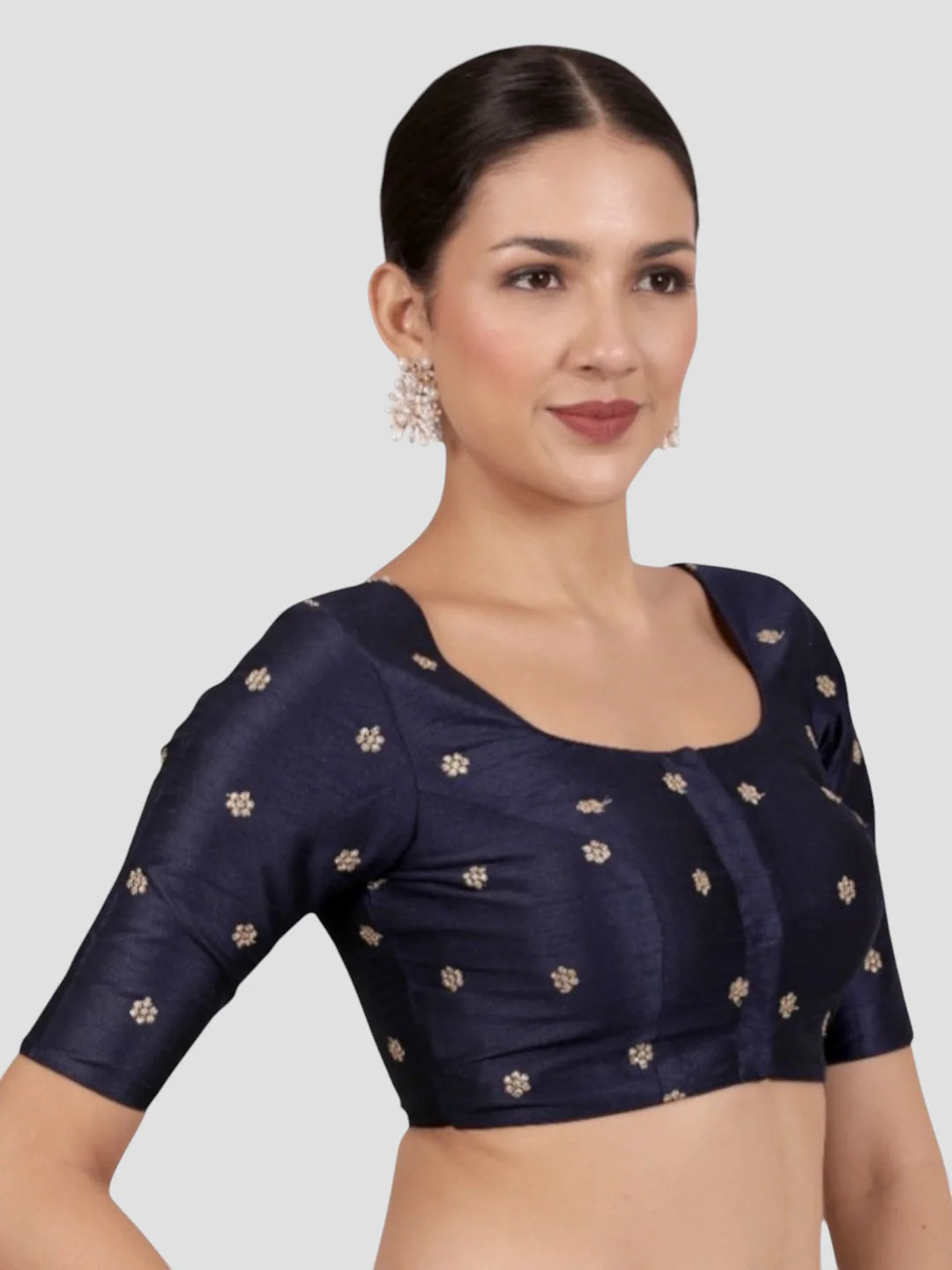 Navy Blue Kora Silk Golden Zari Work Half Sleeve Readymade Saree Blouse