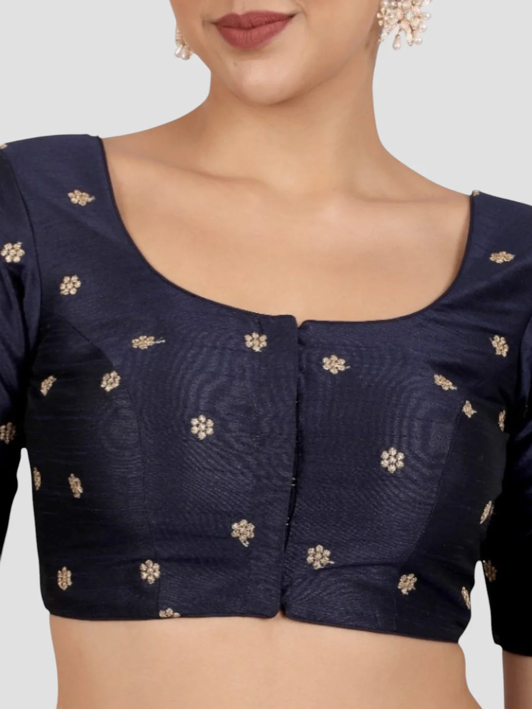 Navy Blue Kora Silk Golden Zari Work Half Sleeve Readymade Saree Blouse