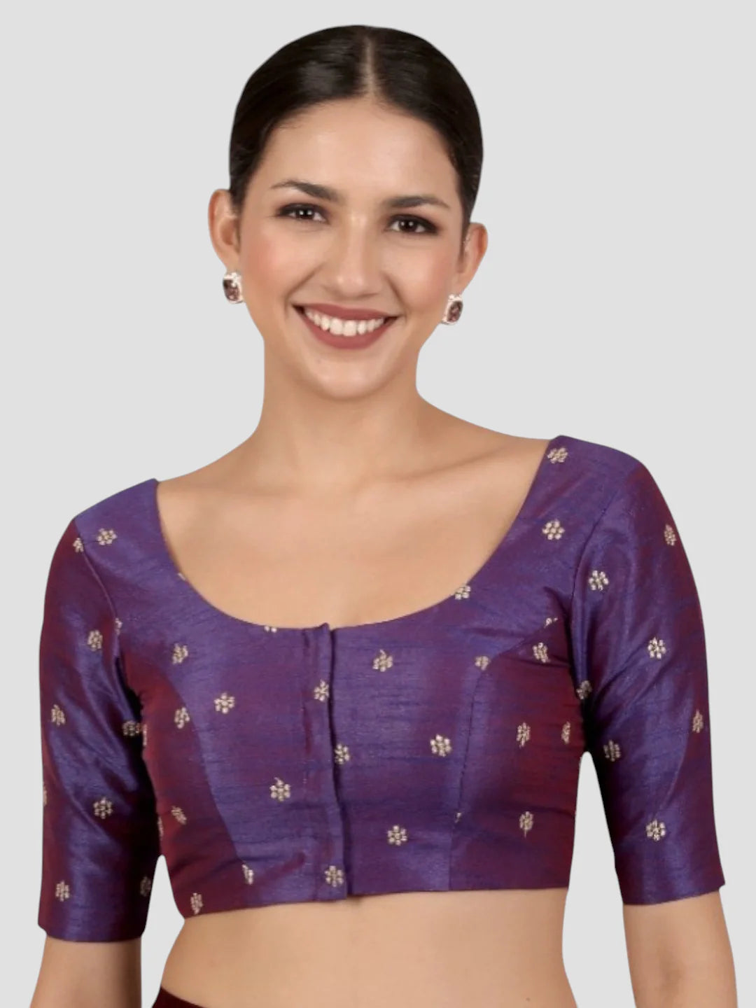 Purple Kora Silk Golden Zari Work Half Sleeve Readymade Saree Blouse