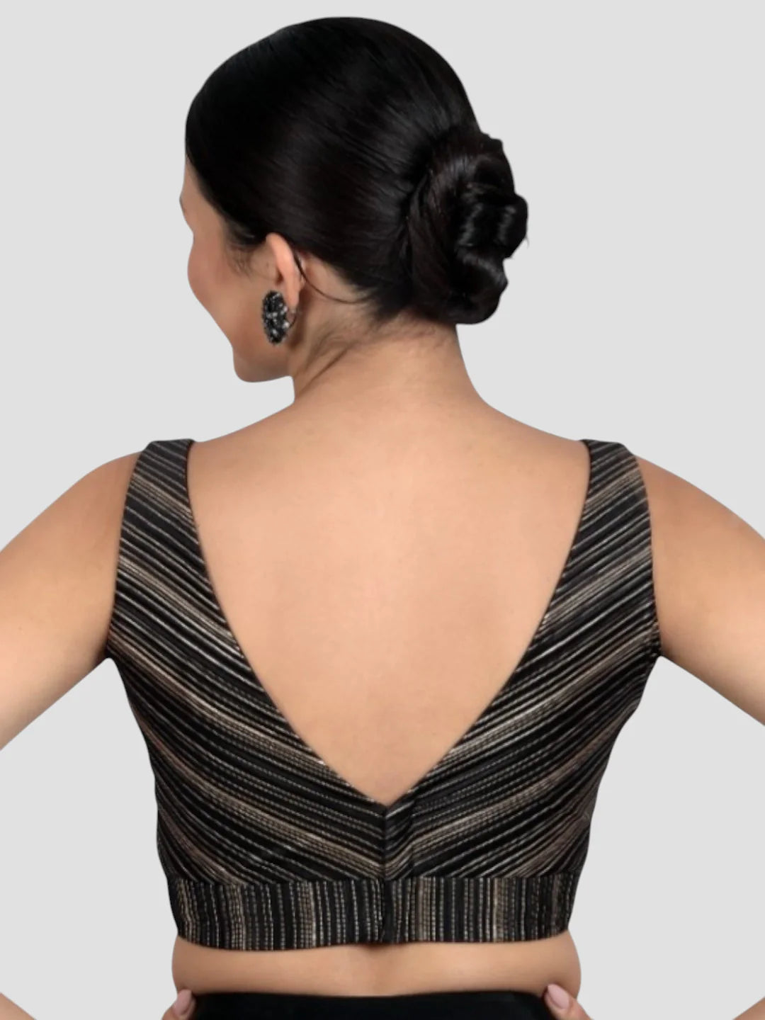 Elegant Black & Gold Striped Silk V-Neck Sleeveless Saree Blouse