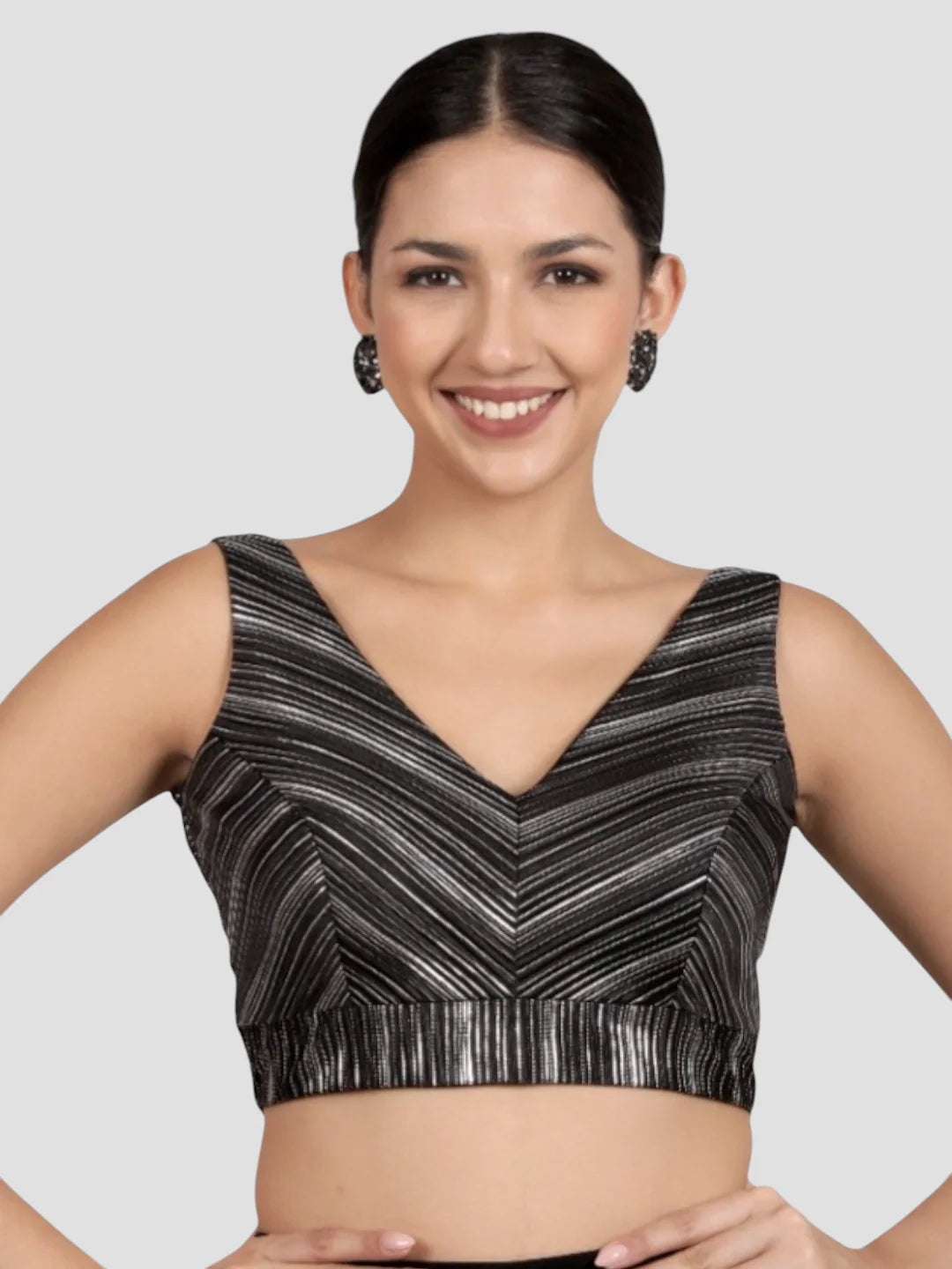 Elegant Black & Silver Striped Silk V-Neck Sleeveless Saree Blouse