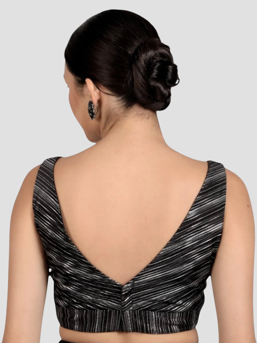 Elegant Black & Silver Striped Silk V-Neck Sleeveless Saree Blouse