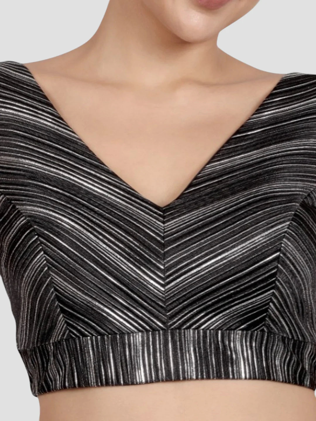 Elegant Black & Silver Striped Silk V-Neck Sleeveless Saree Blouse