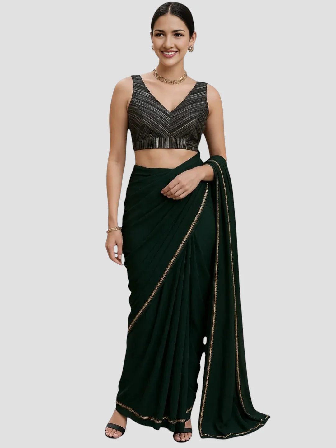 Elegant Black & Silver Striped Silk V-Neck Sleeveless Saree Blouse