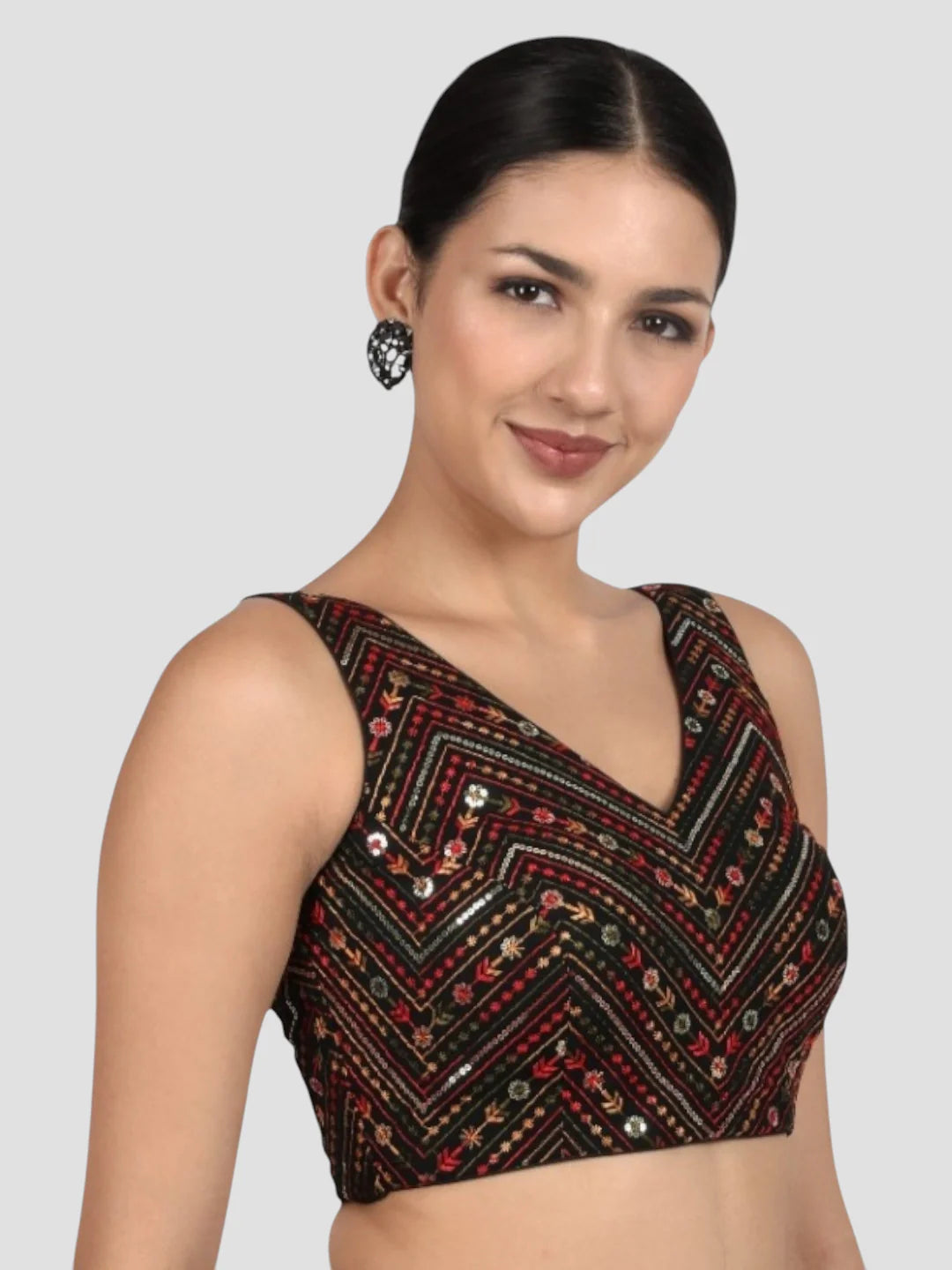 Black Cotton Sequin & Thread Work V-Neck Sleeveless Saree Blouse