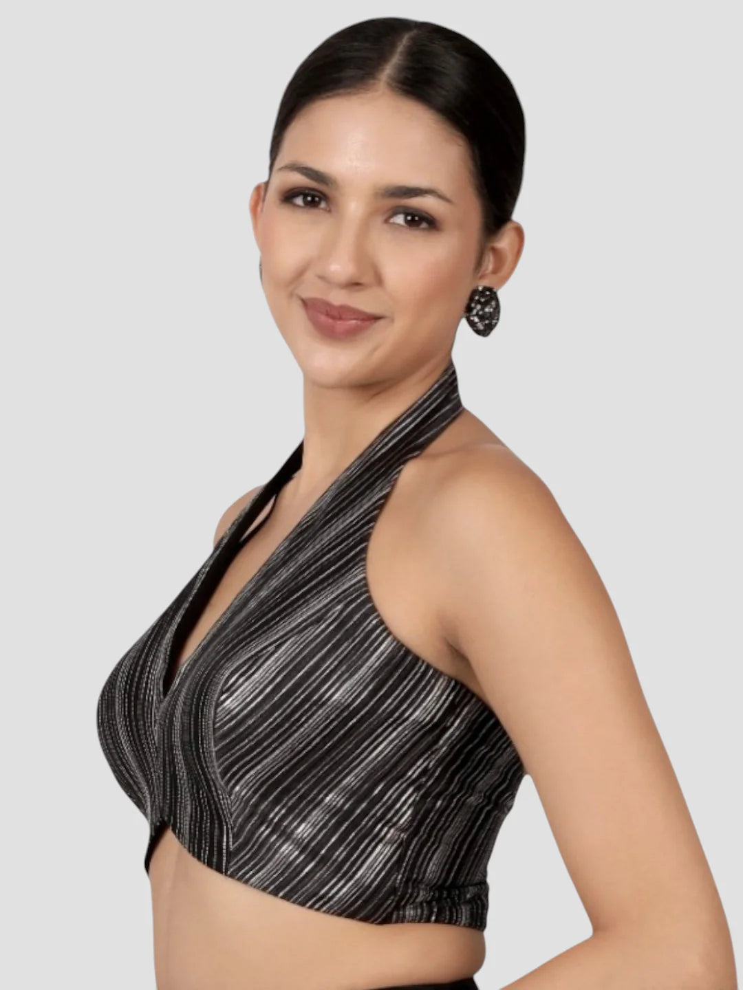 Elegant Black & Silver Striped Silk Halter Neck Backless Saree Blouse