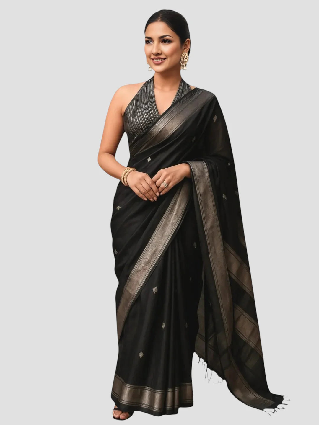 Elegant Black & Silver Striped Silk Halter Neck Backless Saree Blouse