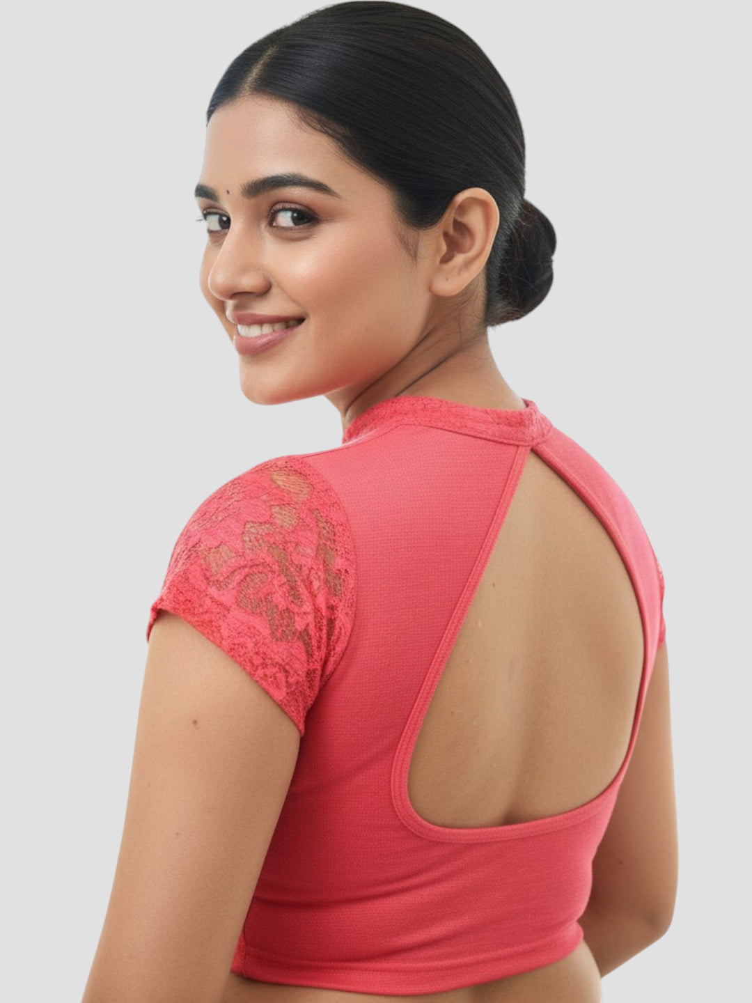 Pink Lace Yoke Stretchable Elastane Readymade Saree Blouse with Back Keyhole