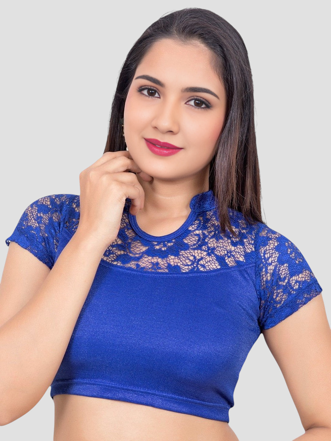 Royal Blue Lace Yoke Stretchable Elastane Readymade Saree Blouse with Back Keyhole