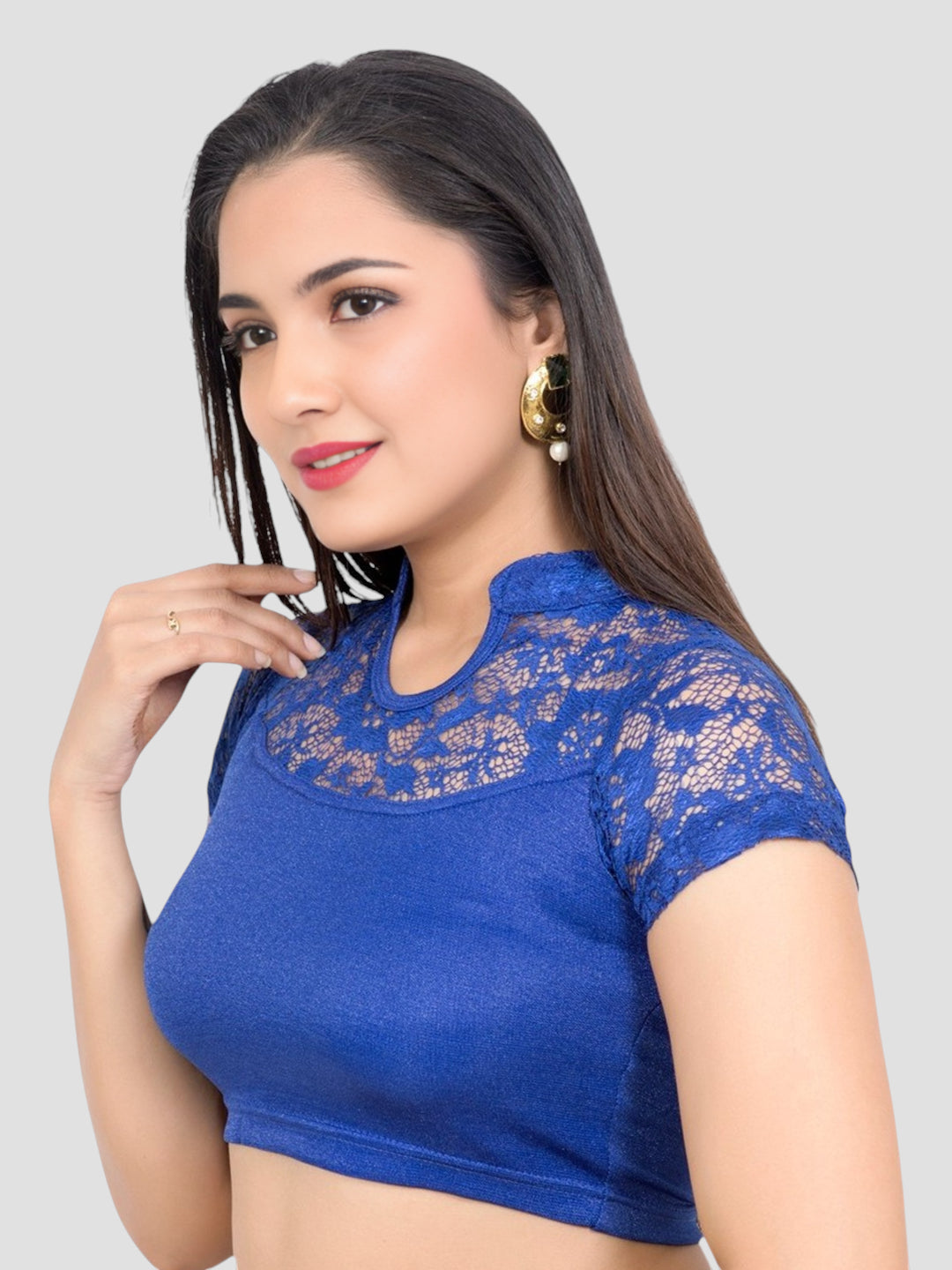 Royal Blue Lace Yoke Stretchable Elastane Readymade Saree Blouse with Back Keyhole
