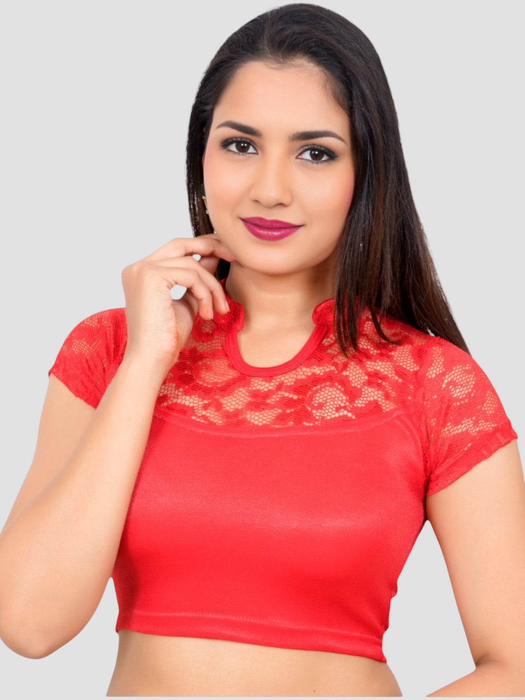 Red Lace Yoke Stretchable Elastane Readymade Saree Blouse with Back Keyhole