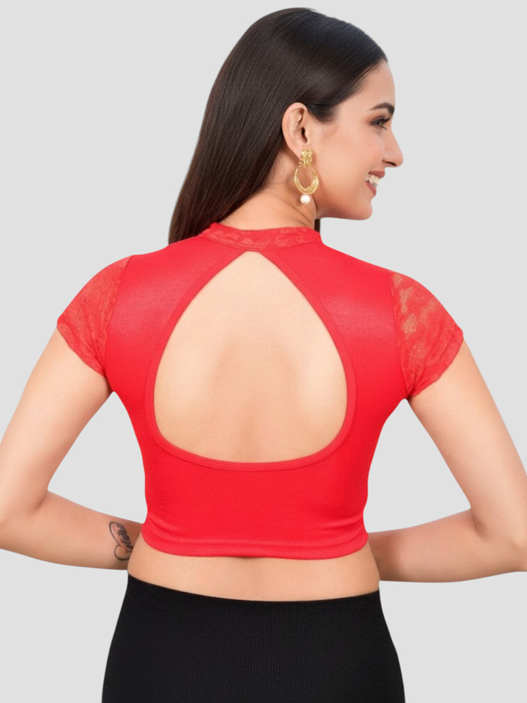 Red Lace Yoke Stretchable Elastane Readymade Saree Blouse with Back Keyhole