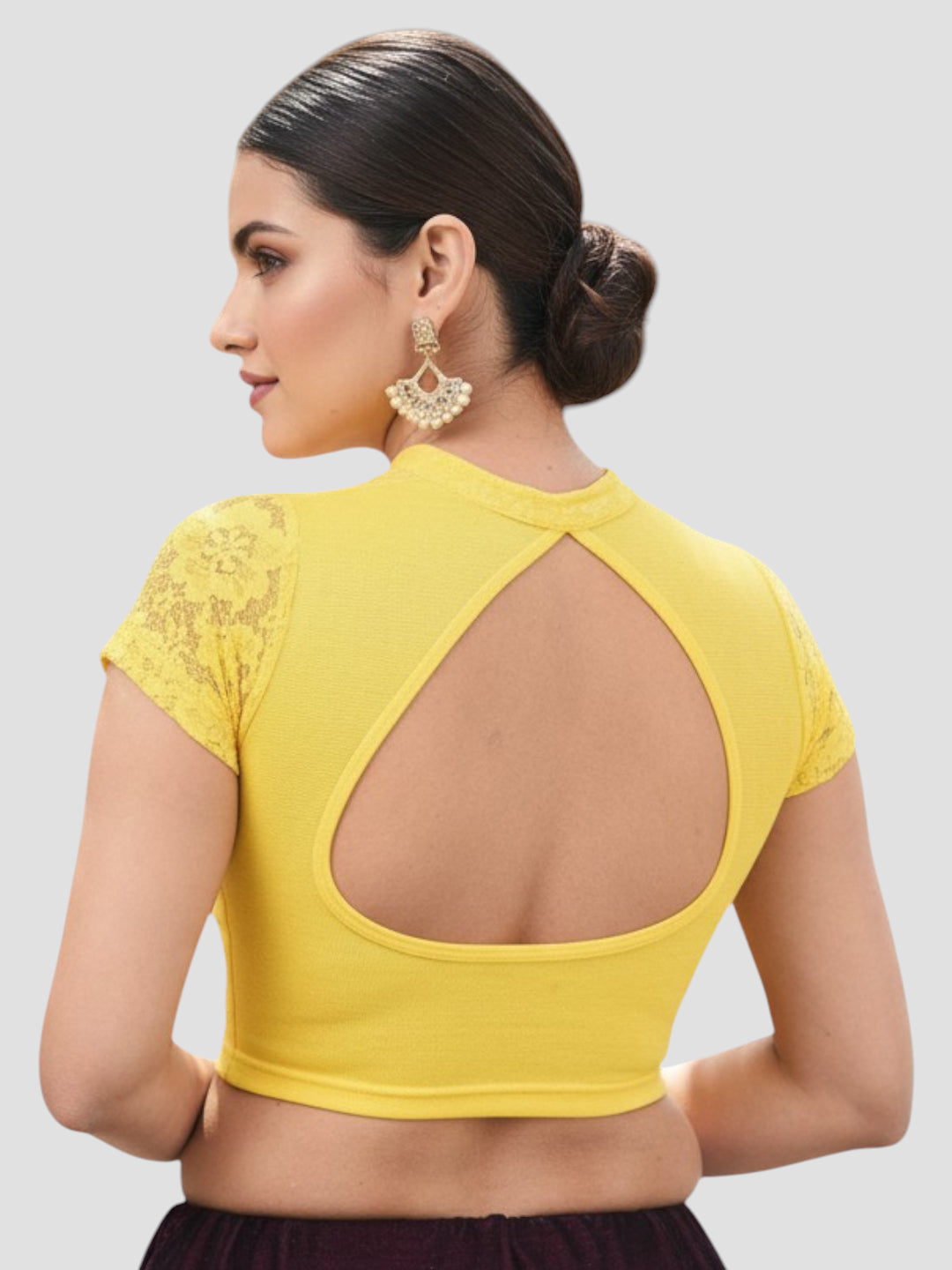 Yellow Lace Yoke Stretchable Elastane Readymade Saree Blouse with Back Keyhole