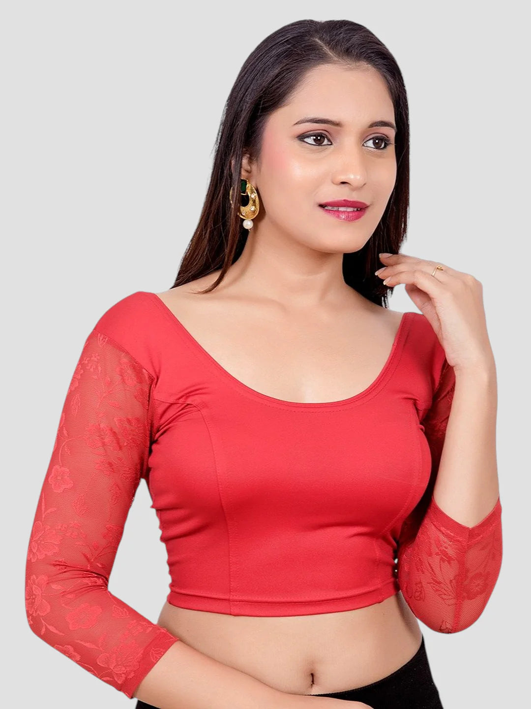 Red Lycra Round Neck 3/4 Sleeves Readymade Blouse
