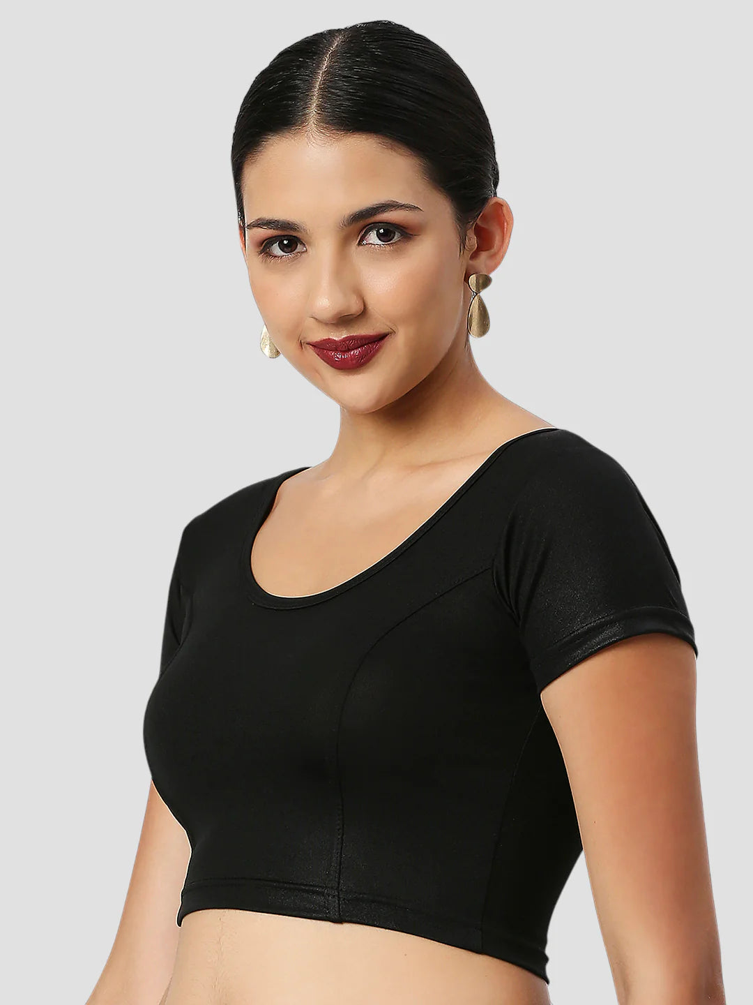 Black All-Time Bestseller Lycra Round Neck Short Sleeves Readymade Blouse