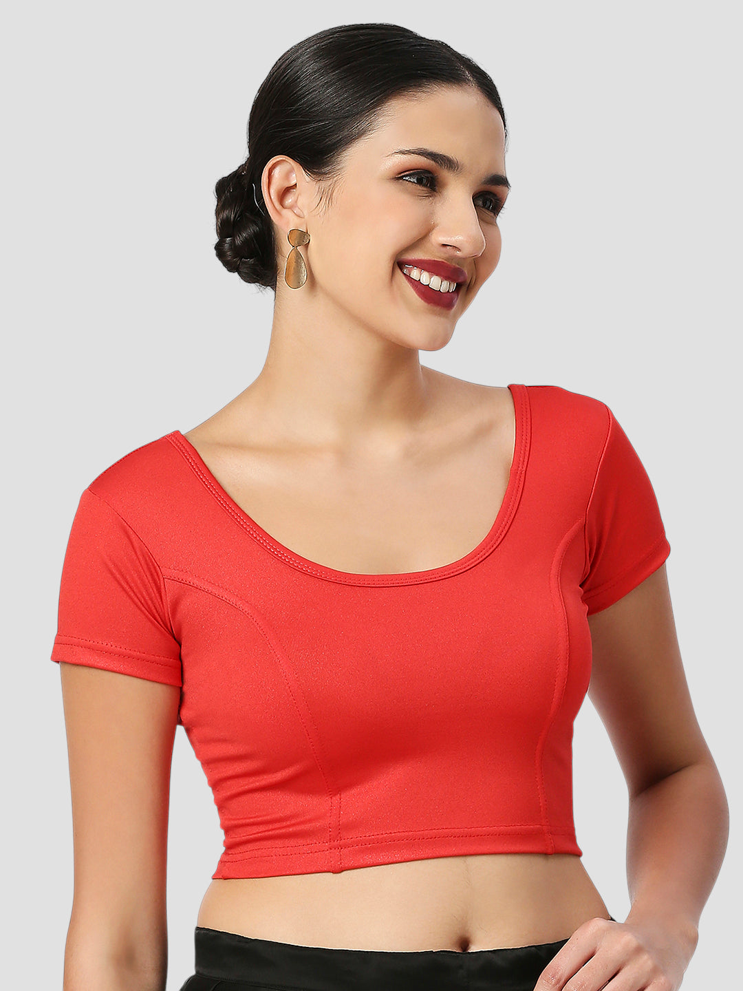 Red All-Time Bestseller Lycra Round Neck Short Sleeves Readymade Blouse