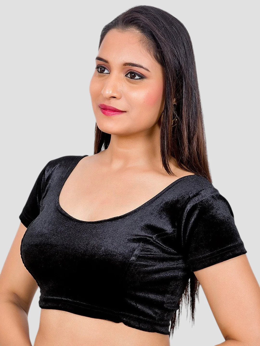 Black Velvet Round Neck Short Sleeves Readymade Blouse