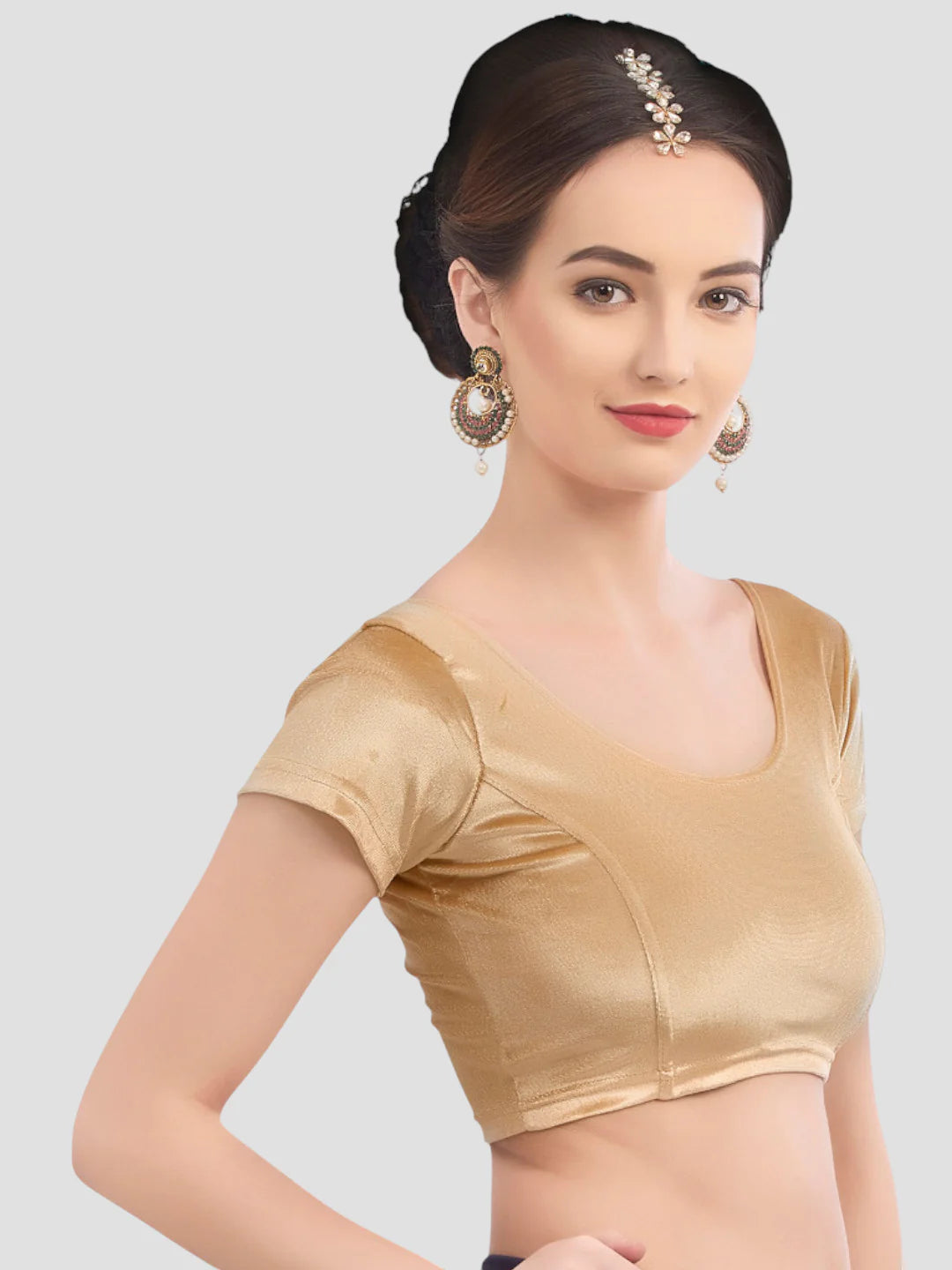 Gold Velvet Round Neck Short Sleeves Readymade Blouse
