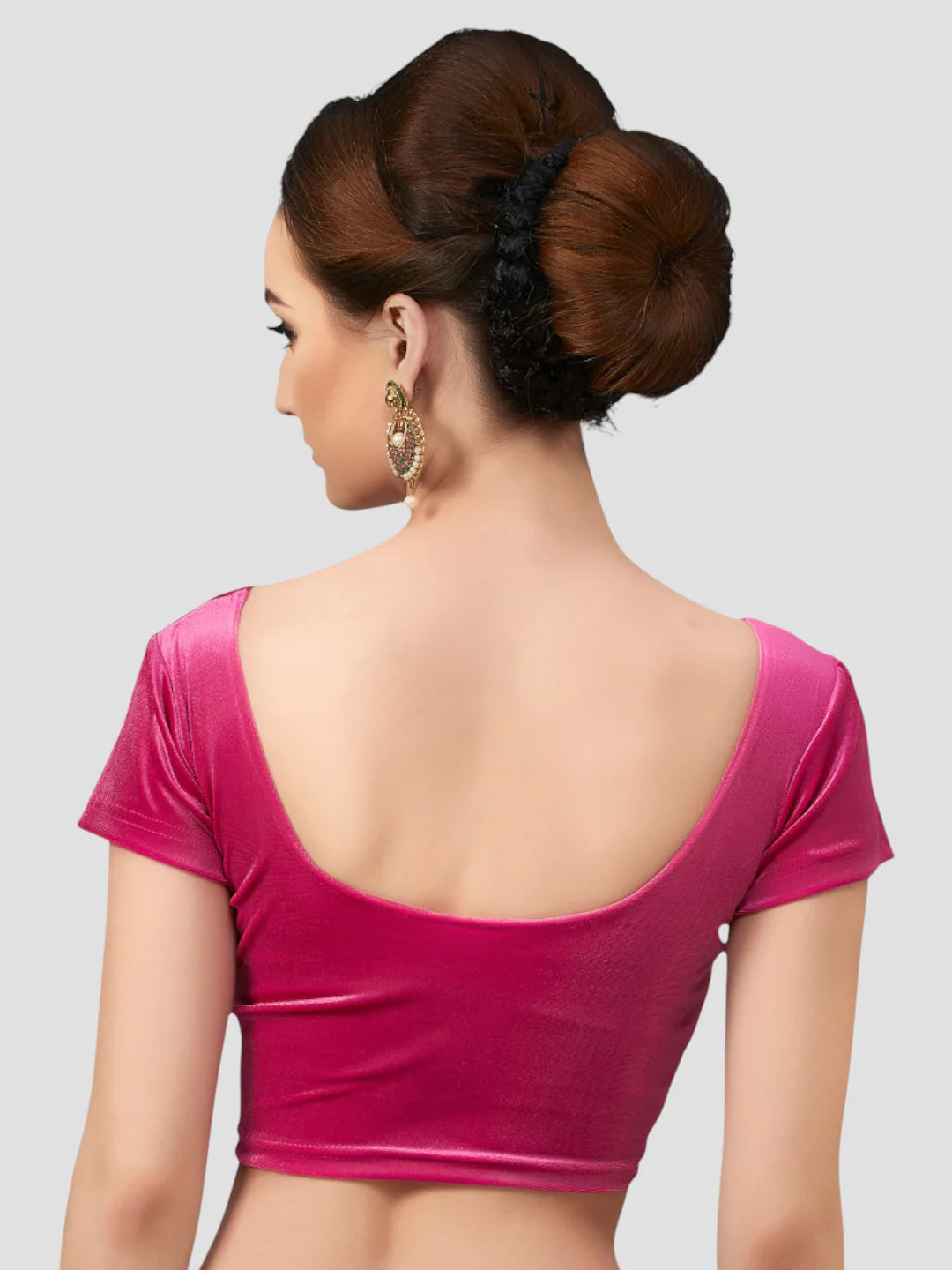 Rani Pink Velvet Round Neck Short Sleeves Readymade Blouse