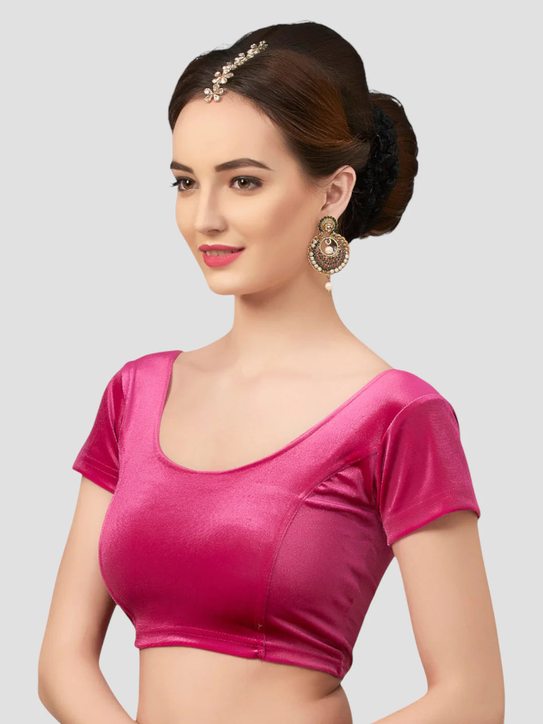 Rani Pink Velvet Round Neck Short Sleeves Readymade Blouse