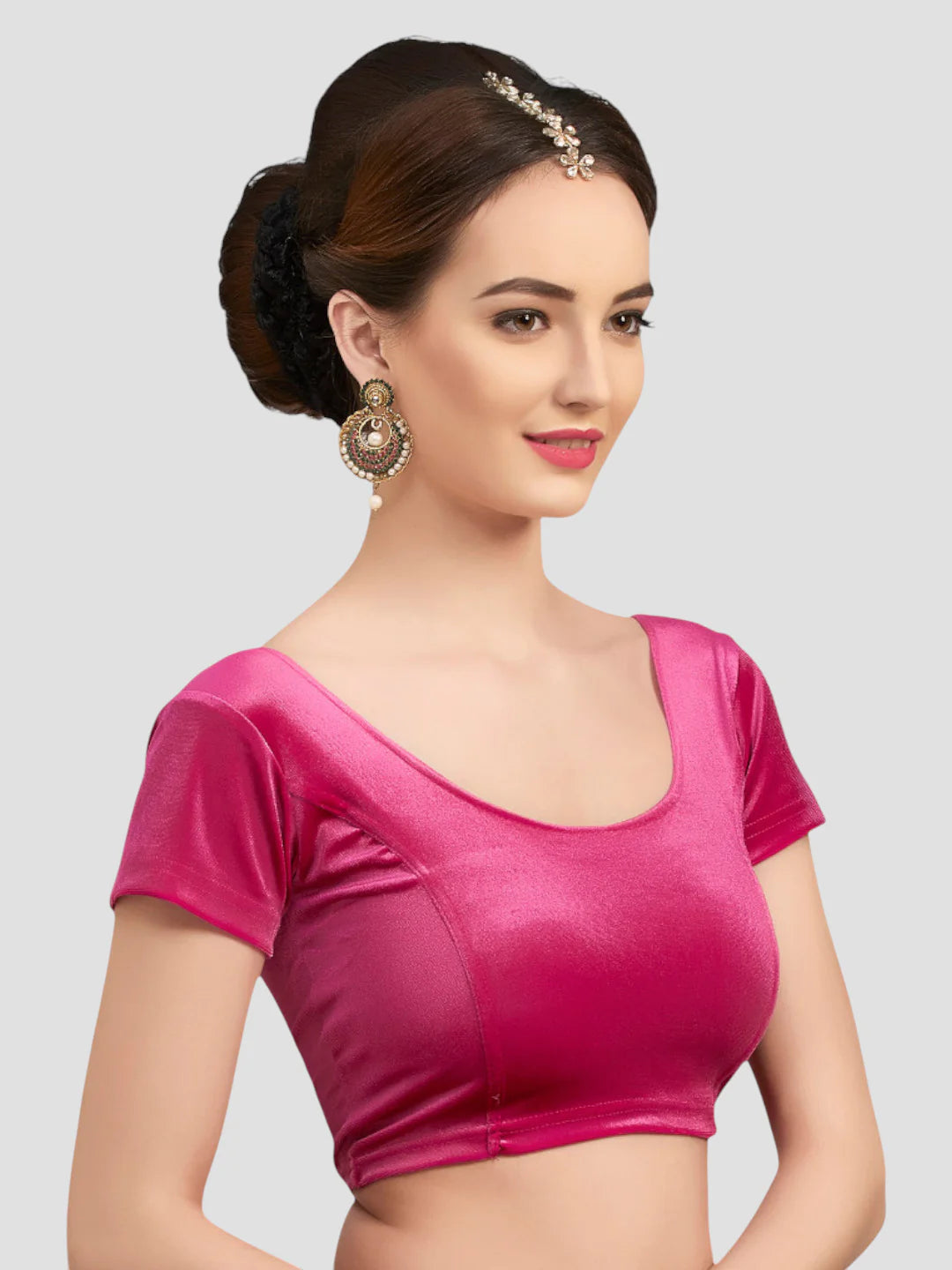 Rani Pink Velvet Round Neck Short Sleeves Readymade Blouse