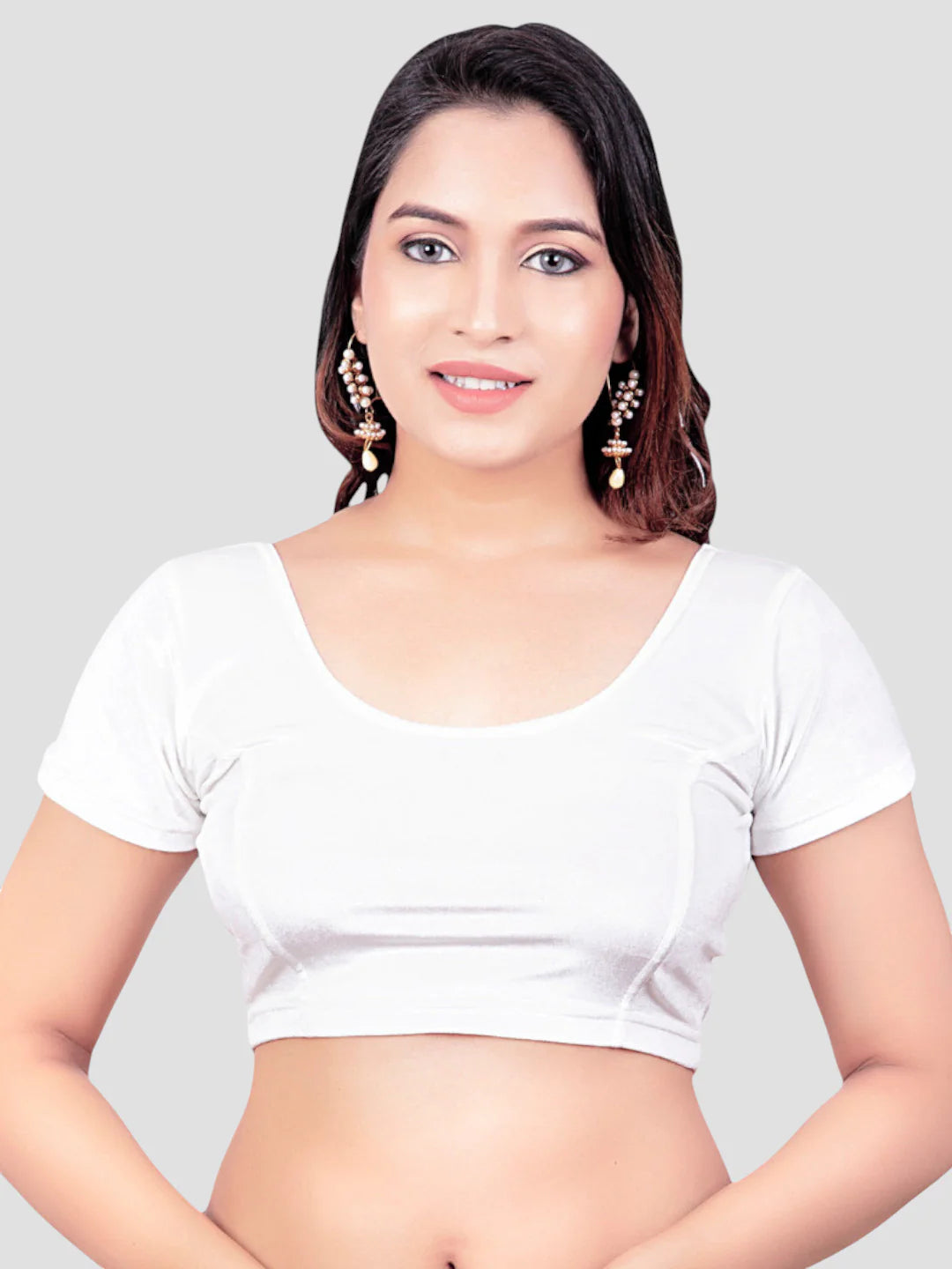 White Velvet Round Neck Short Sleeves Readymade Blouse