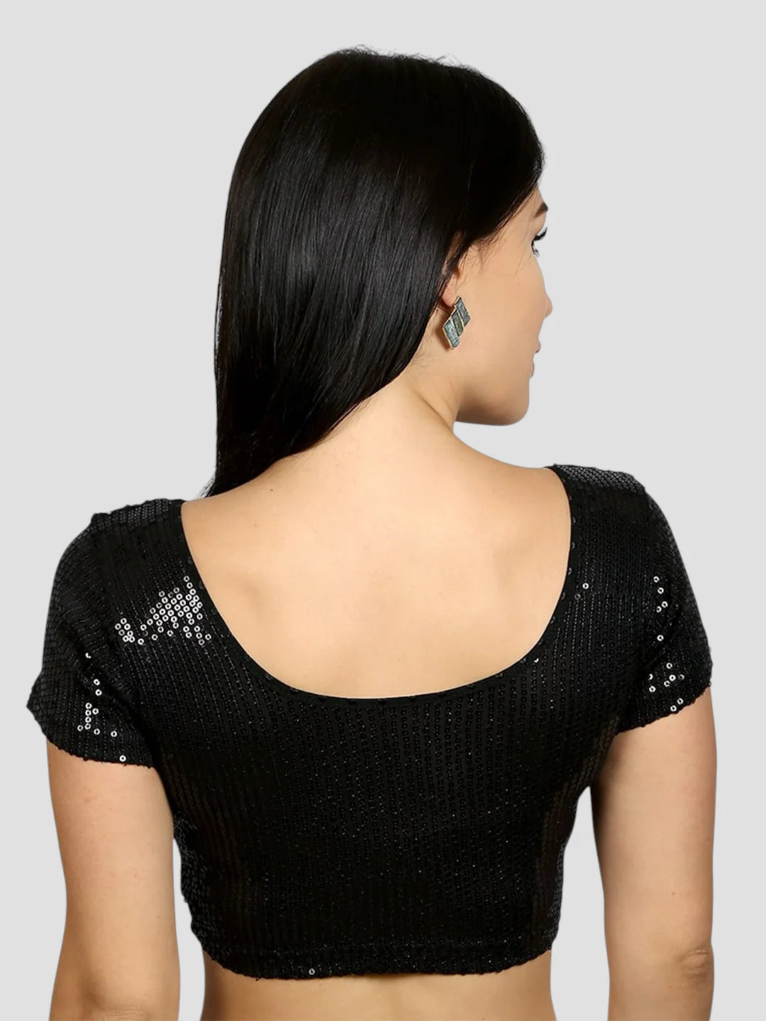 Black Sequin Work Lycra Round Neck Short Sleeves Readymade Blouse