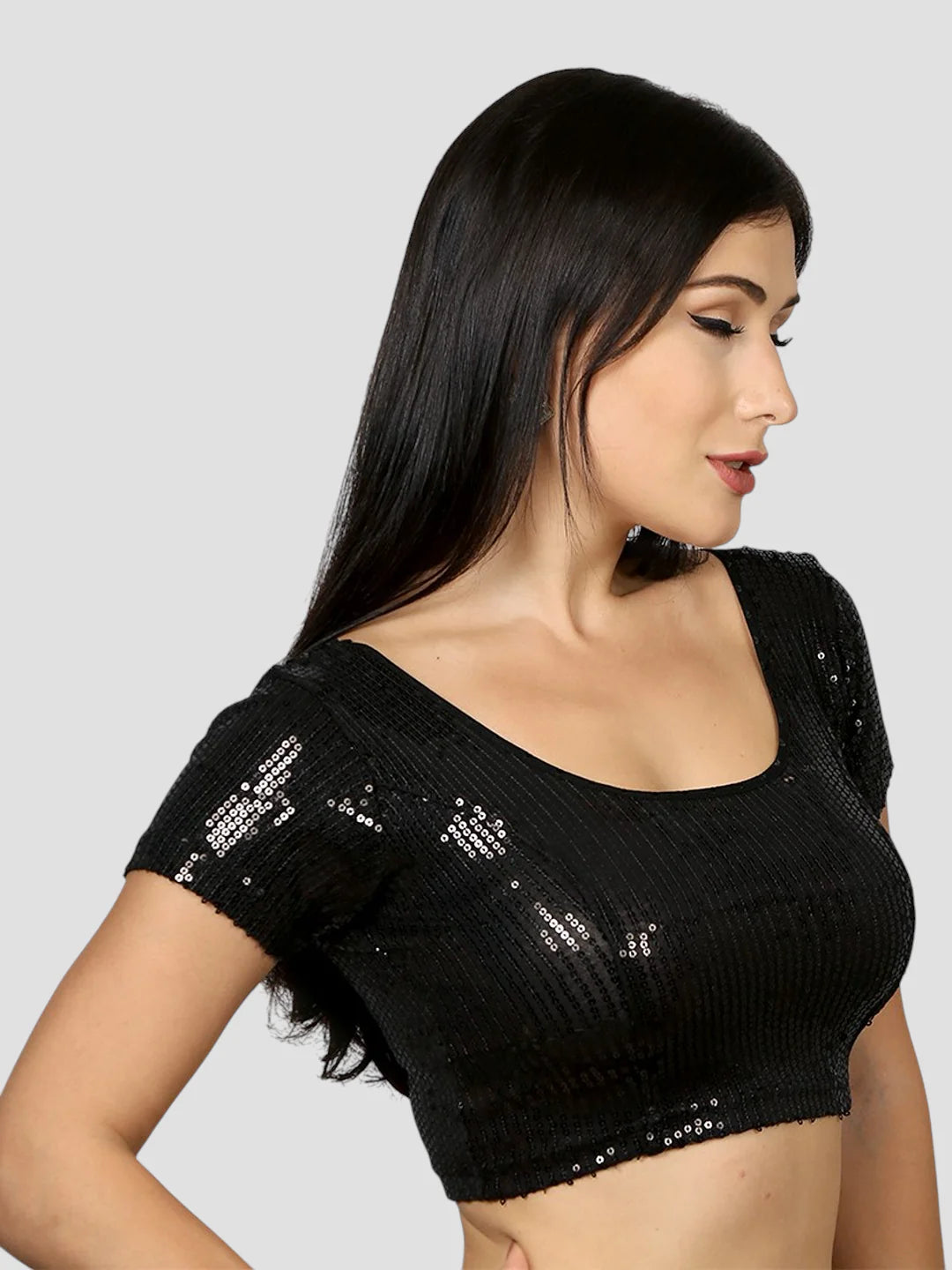 Black Sequin Work Lycra Round Neck Short Sleeves Readymade Blouse