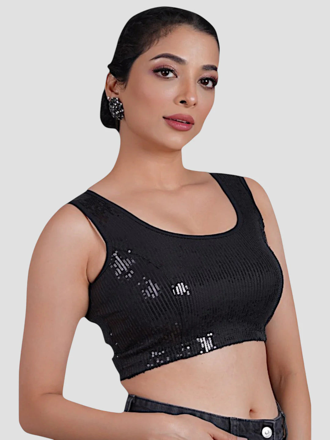 Black Sequence Round Neck Sleeveless Readymade Blouse