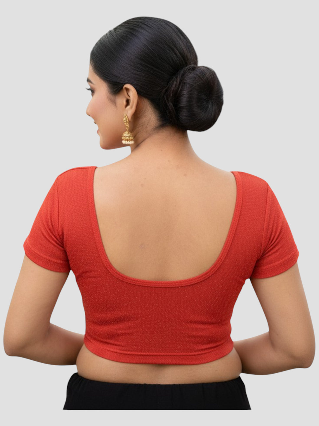 Red Lycra Round Neck Short Sleeves Readymade Blouse