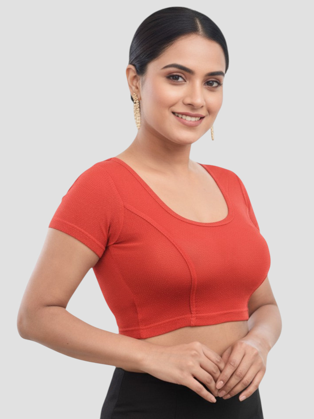 Red Lycra Round Neck Short Sleeves Readymade Blouse