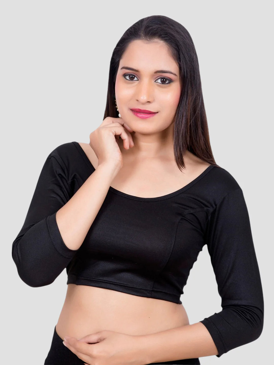 Black Lycra Round Neck 3/4 Sleeves Readymade Blouse