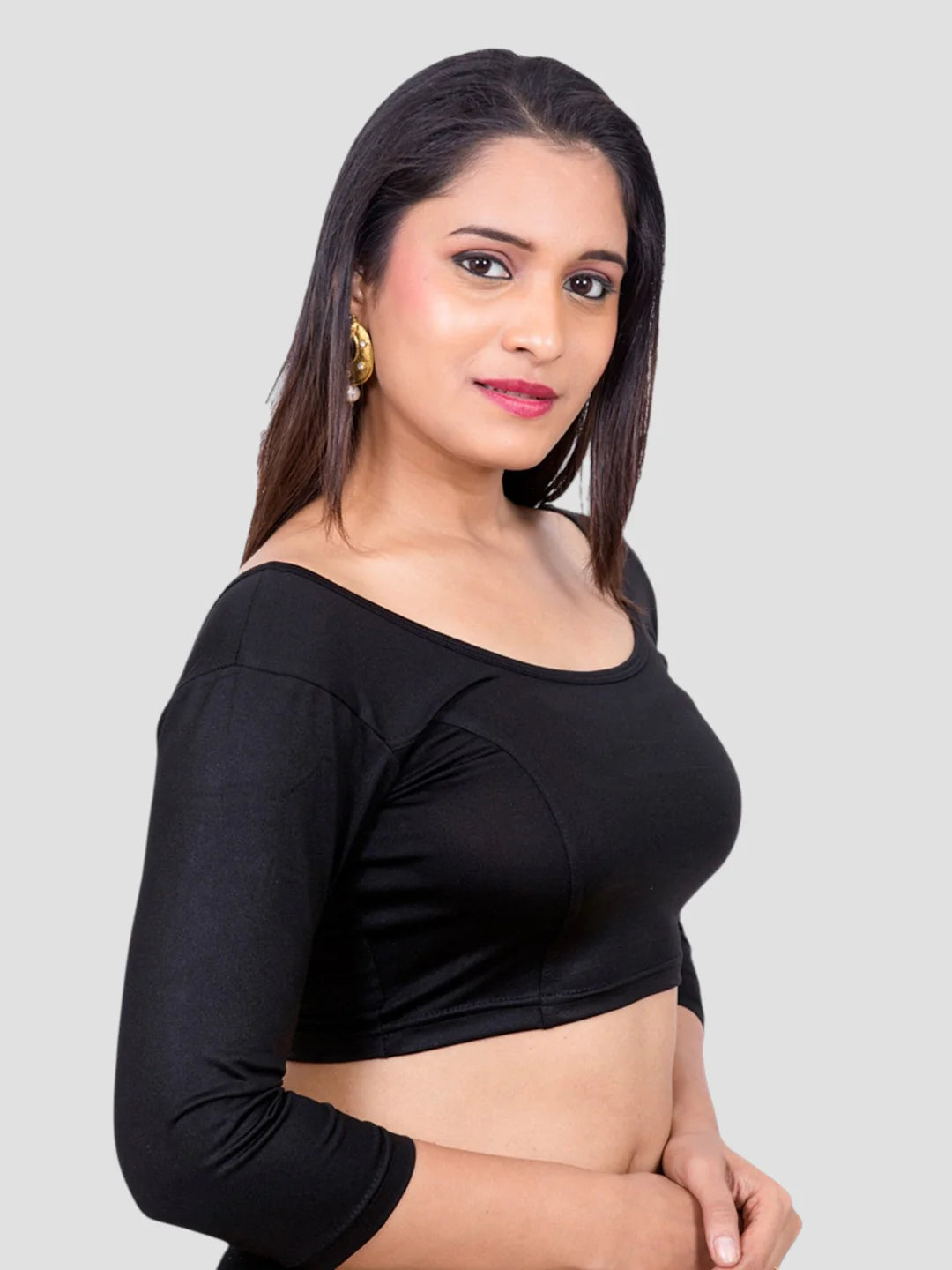 Black Lycra Round Neck 3/4 Sleeves Readymade Blouse