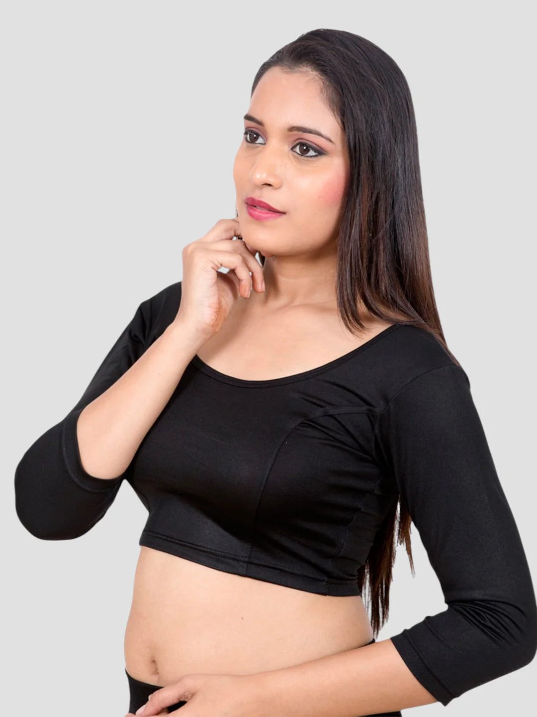 Black Lycra Round Neck 3/4 Sleeves Readymade Blouse