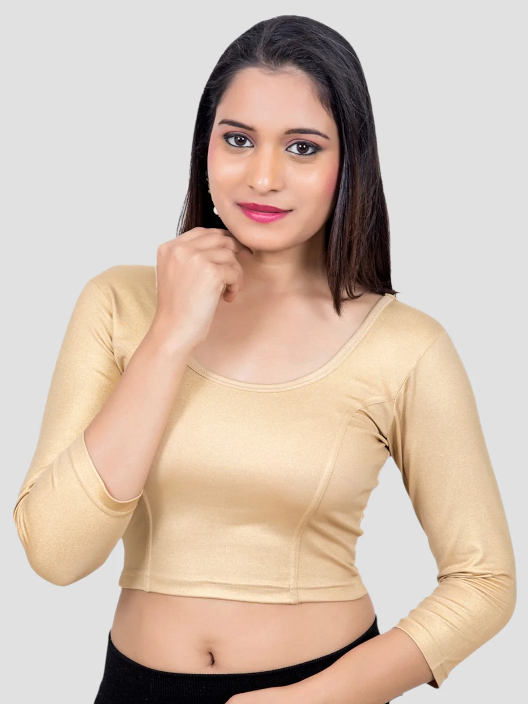 Gold 3/4 Sleeves Lycra Round Neck Readymade Blouse