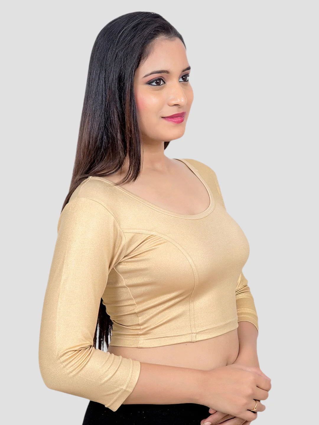 Gold 3/4 Sleeves Lycra Round Neck Readymade Blouse