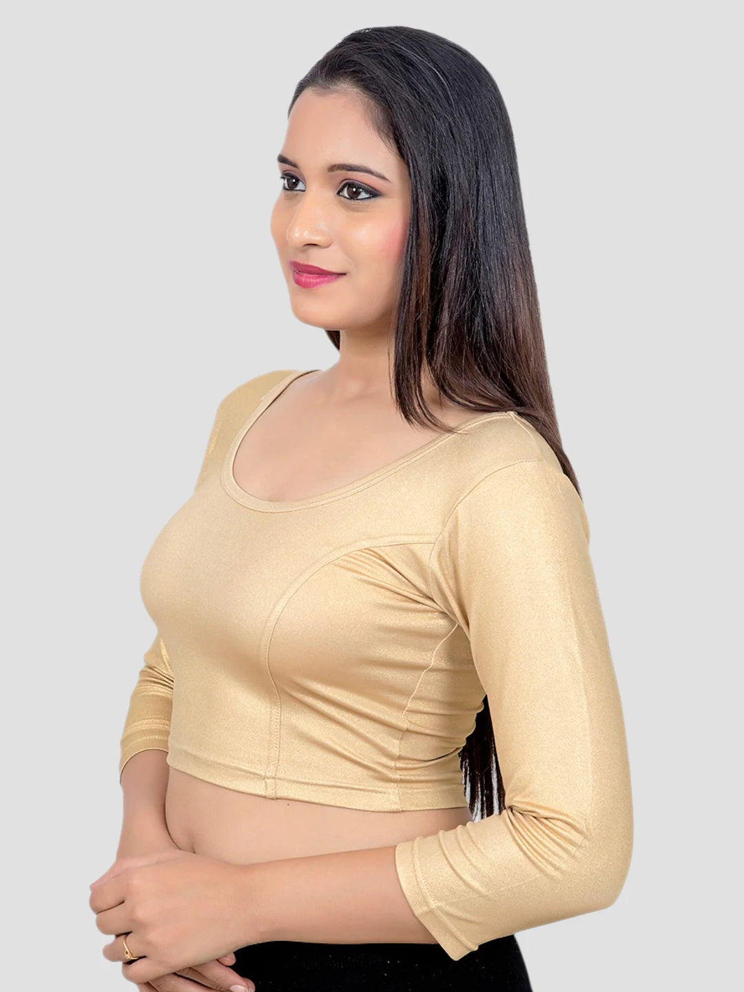Gold 3/4 Sleeves Lycra Round Neck Readymade Blouse