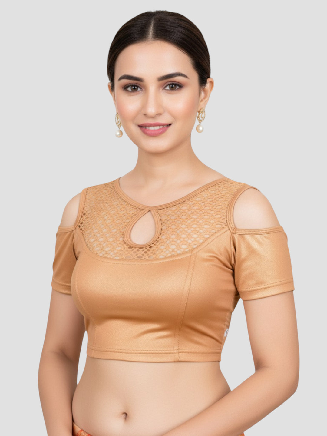 Copper Lycra Round Neck Shoulder Cut Short Sleeves Readymade Blouse