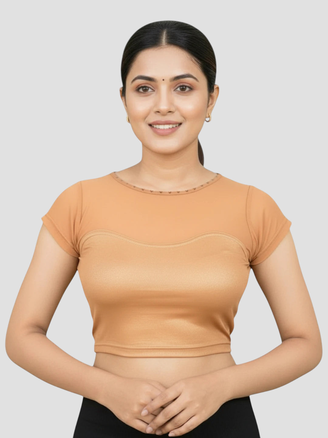 Copper Lycra High Neck Short Sleeves Readymade Blouse