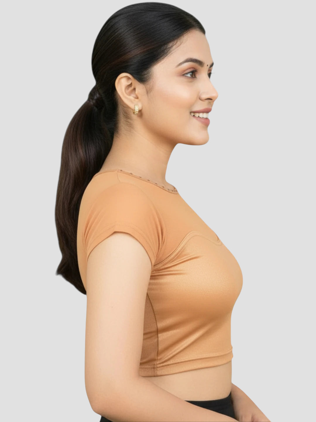 Copper Lycra High Neck Short Sleeves Readymade Blouse